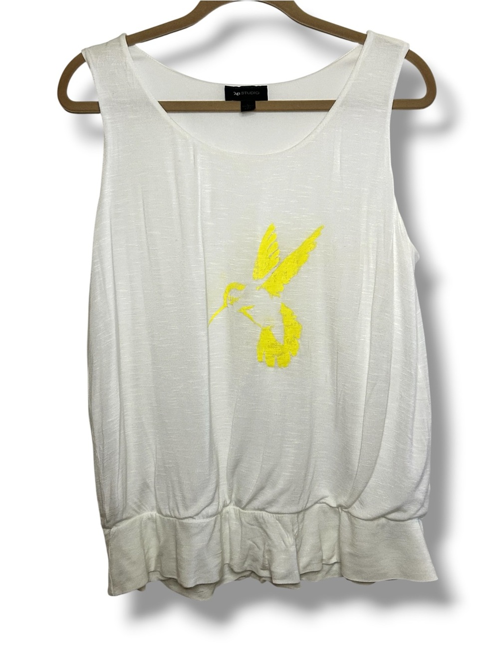 UpCycled Hand Printed White Sleeveless Drop Waist Top Yellow Bird Graphic Boho L